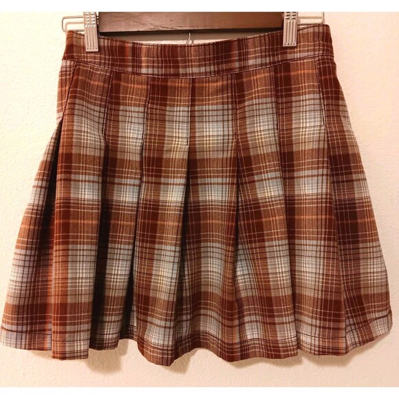 American Eagle Plaid Pleated Mini Skirt Brown Blue Rust  Y2K Sz 2 - Picture 4 of 13